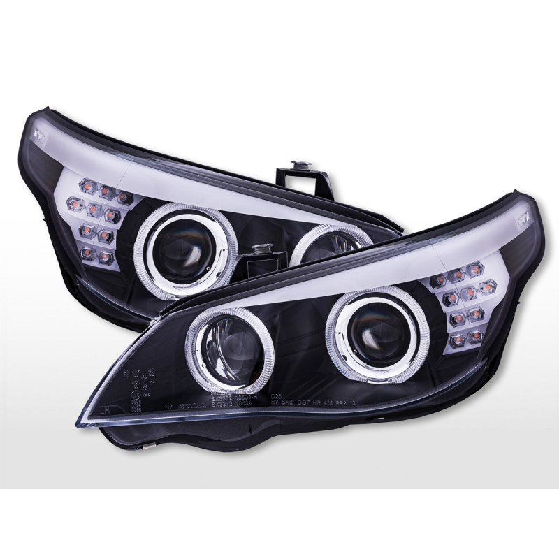 Phares Angel Eyes avec anneaux de feux de stationnement éclairés à LED BMW Série 5 E60/E61 2008-2010 noir