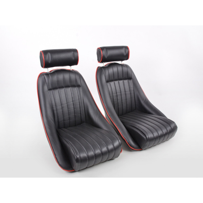 FK Oldtimersitze Sièges baquets complets pour voiture Set Classic 2 cuir synthétique noir avec repose-tête